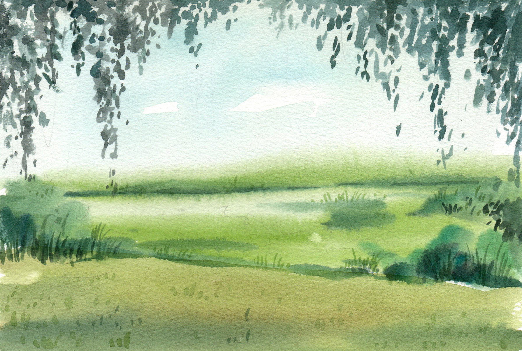 Watercolor Grass and Trees